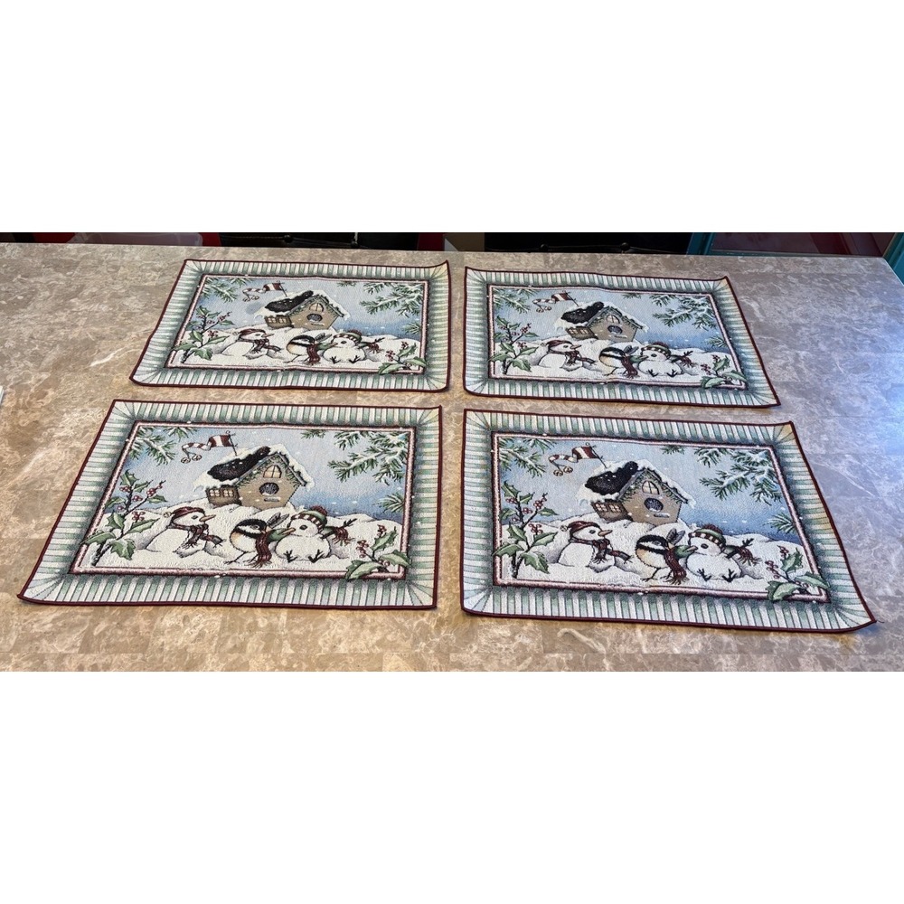 Christmas Table Place Mat Set Tapestry Winter Scene 10" X 13" Birdhouse Snowmen